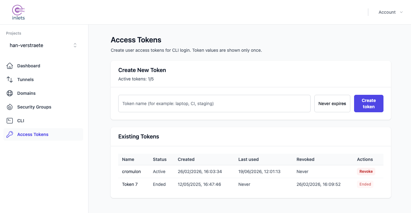 Creating an access token in the Inlets Cloud dashboard