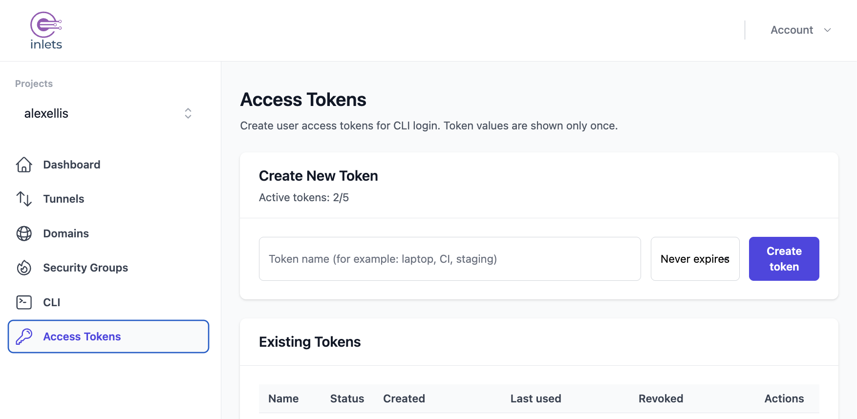 Access Tokens Page