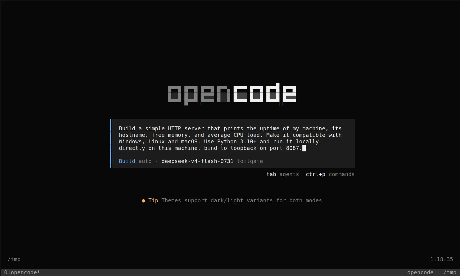 Prompt to build an HTTP server, typed into the opencode composer