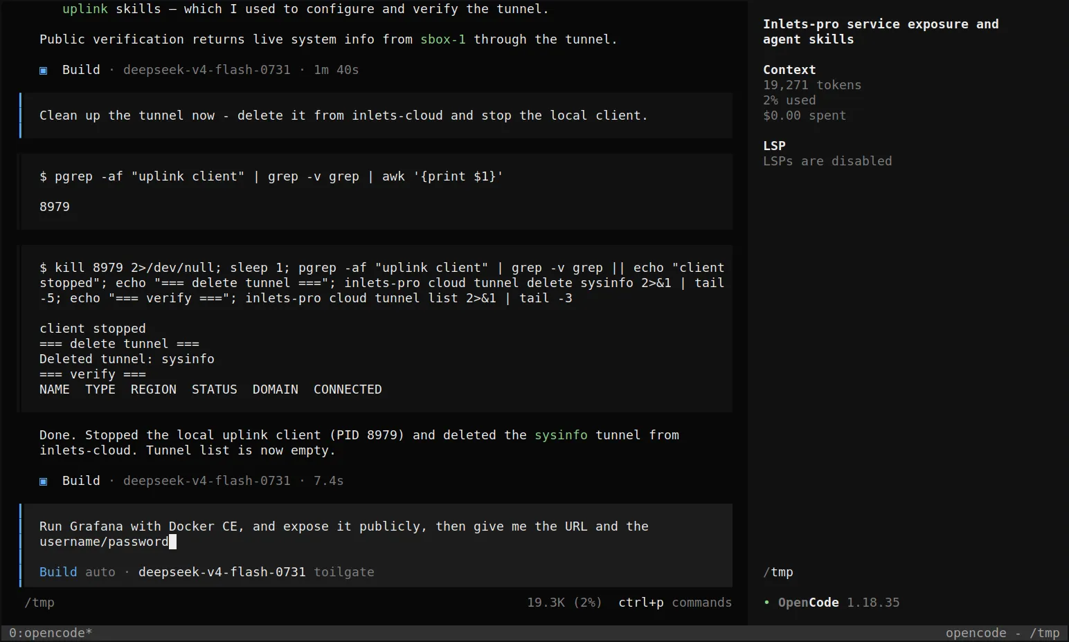 Grafana prompt typed into the opencode composer