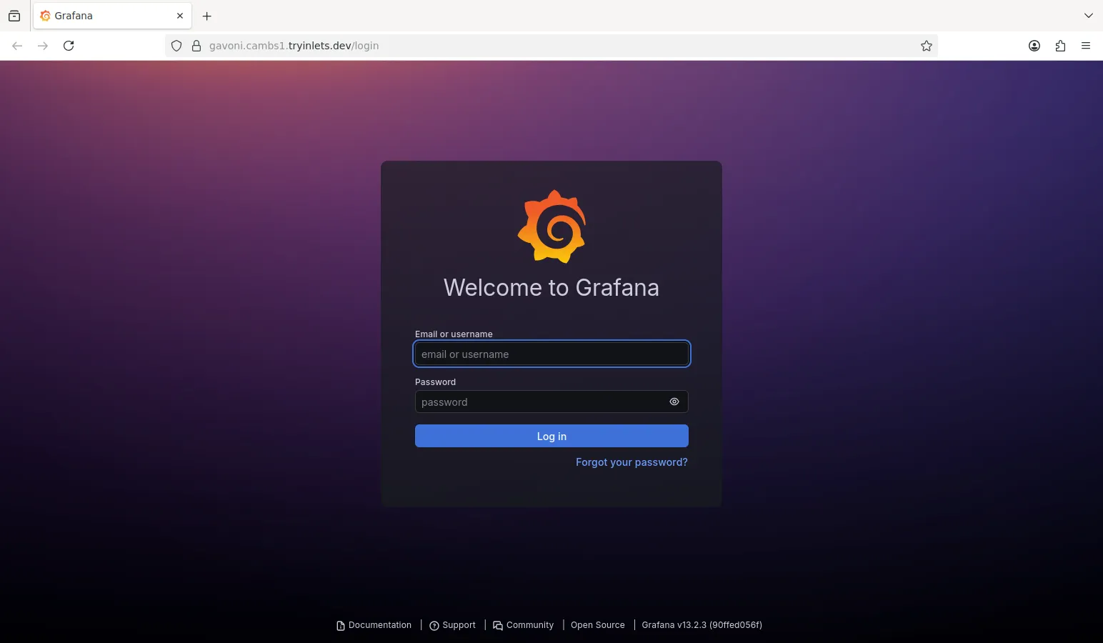 Grafana login page on the tunnel URL