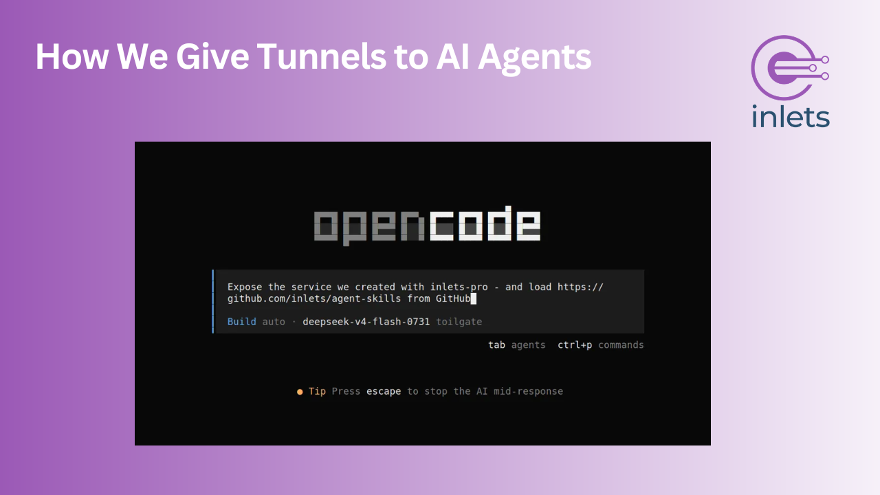 The tunnel prompt typed into the opencode composer, on an Inlets Cloud branded background.